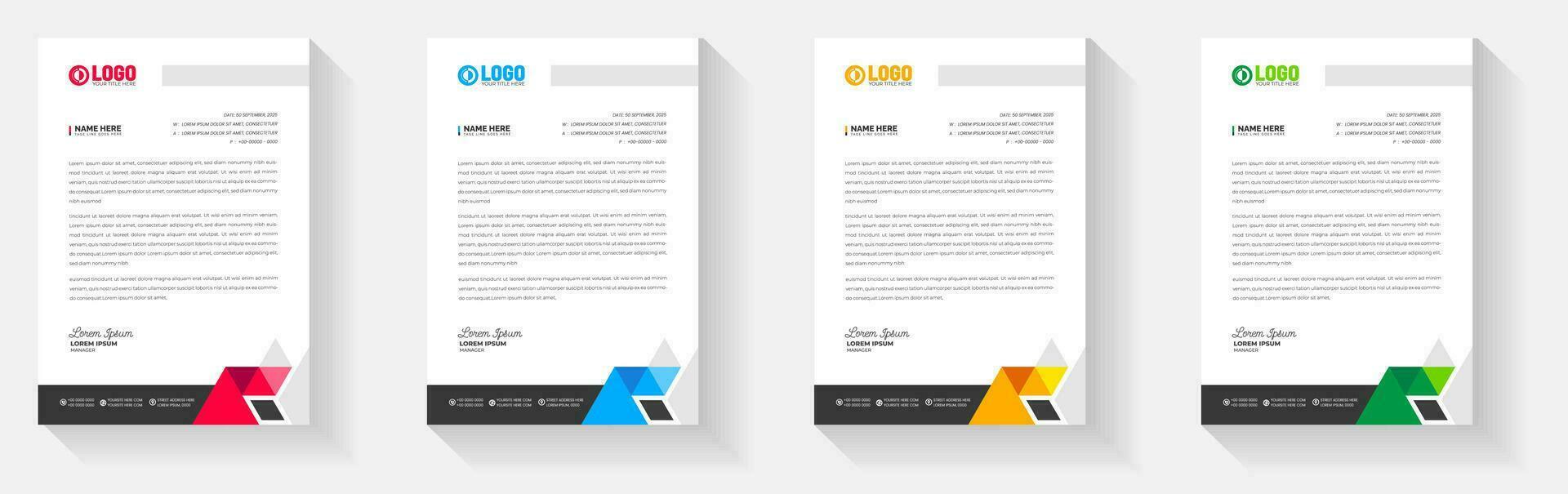 Simple And Clean Elegant Flat corporate  business Abstract style letterhead design template set with red, green, blue and yellow color. vector