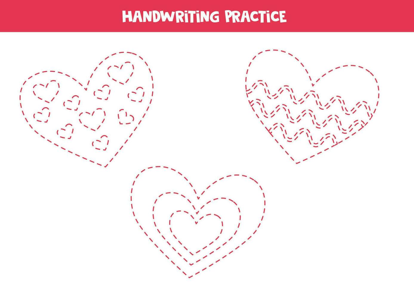 Tracing contours for kids. Cute pink saint valentines hearts. Handwriting practice. vector