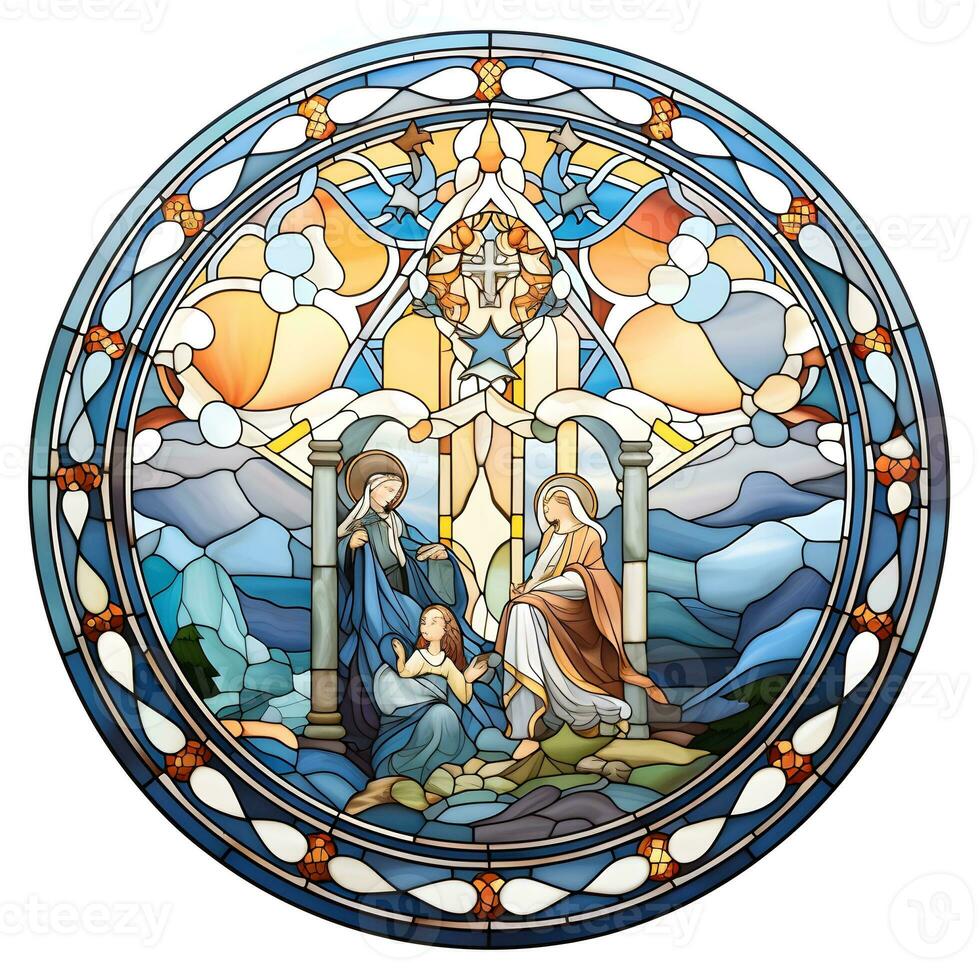 AI generated Stained glass window CHRISTMAS ILLUSTRATION WITH BIBLE SCENE AI Generated photo