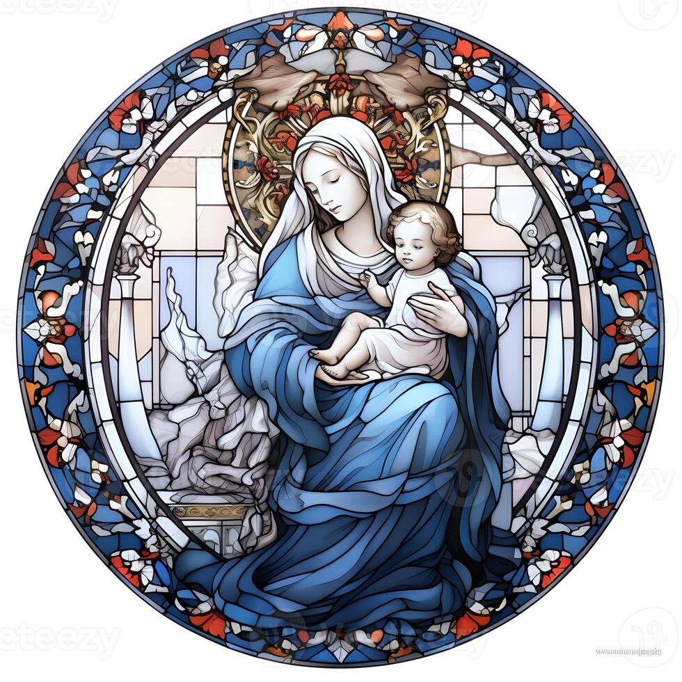 AI generated Stained glass window CHRISTMAS ILLUSTRATION WITH BIBLE SCENE AI Generated photo