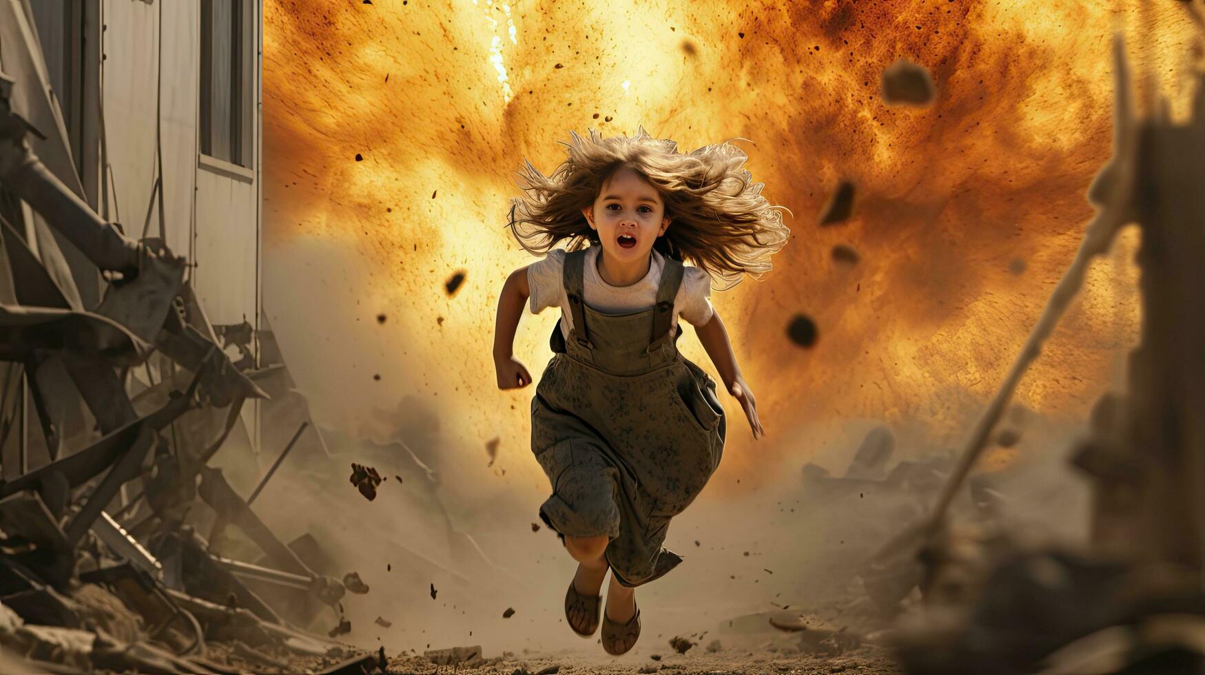 AI generated A little scared Muslim girl runs away from the explosion during the war photo