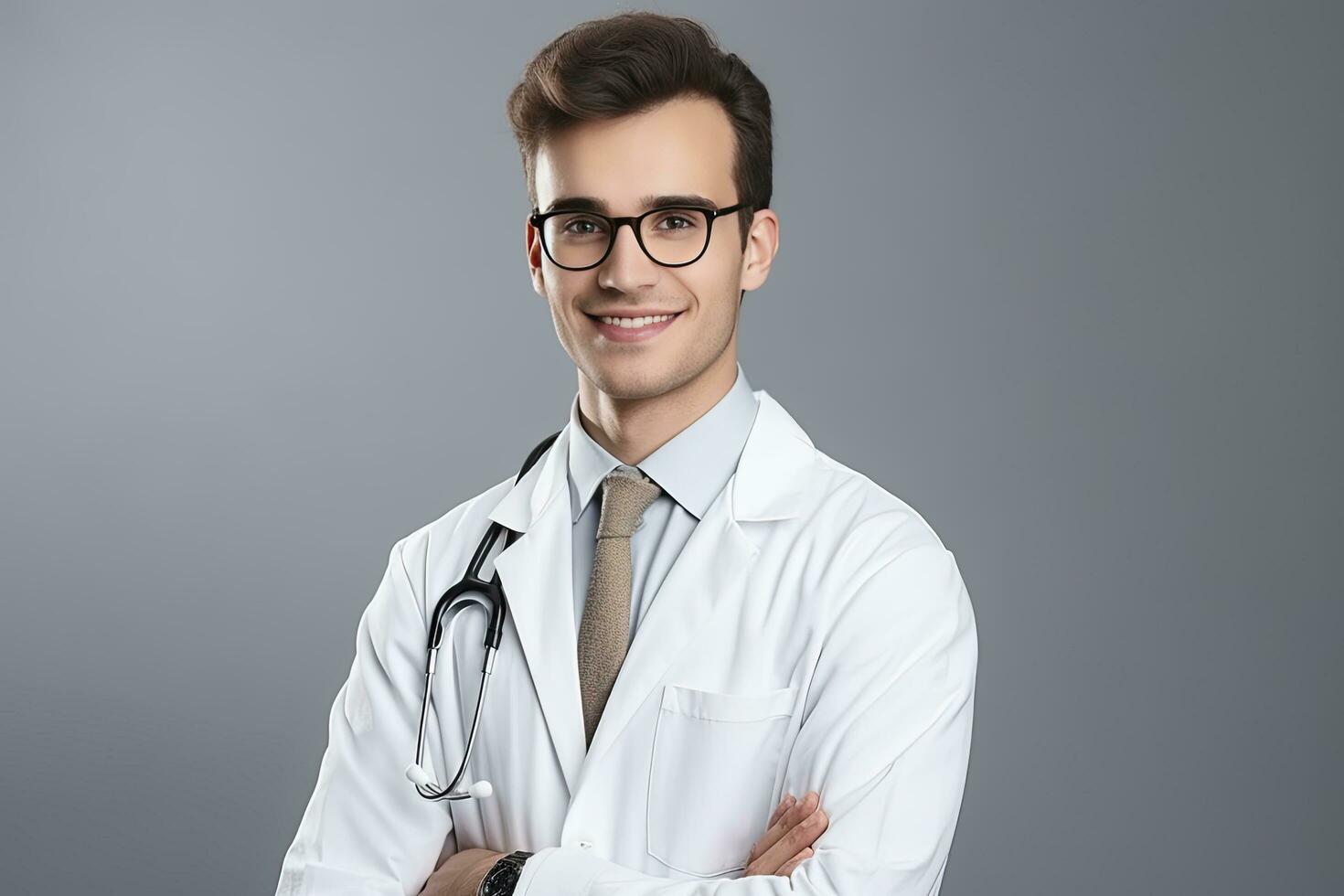 ai generado joven hermoso médico con estetoscopio foto