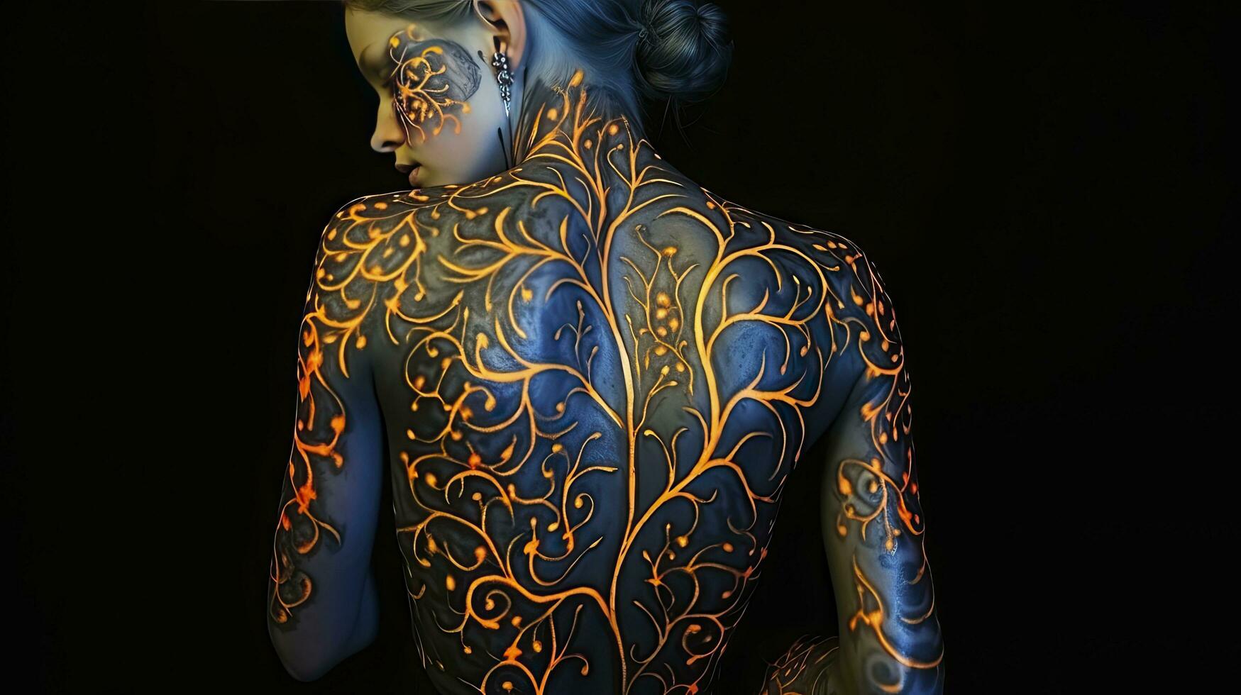 AI generated A Girl Captured in a Photo, Displaying Vibrant Colored Luminous Tattoos on Her Back photo