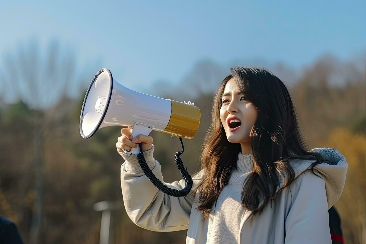 AI generated Young Woman Empowering Change. Activist Holding Megaphone. Symbolizing the Spirit of Revolution, Demonstrations, and Female Activism. photo