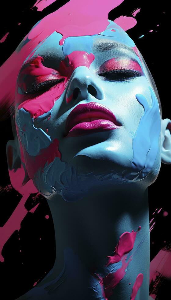 AI generated Colorful Expression A Girl with Playful Blue and Pink Paint Adorning Her Face. photo