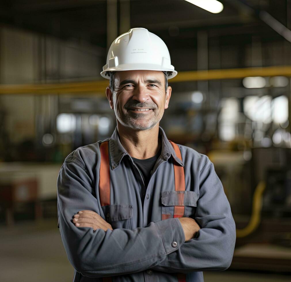 ai generado construcción trabajador con difícil sombrero foto