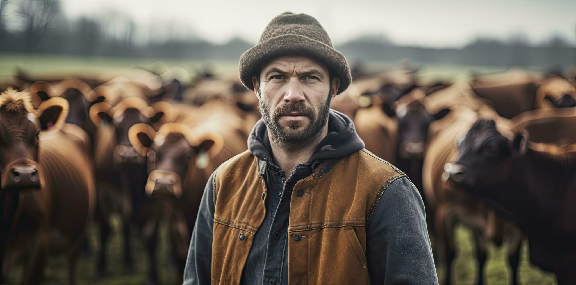 AI generated Farmer Standing in Front of a Herd of Cows. photo