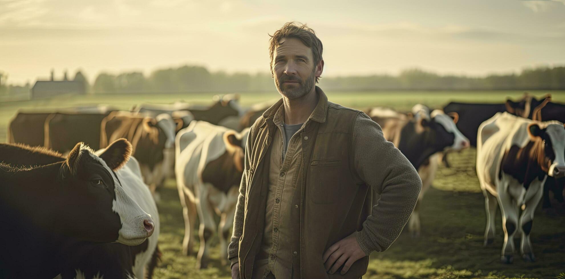 AI generated Farmer Standing in Front of a Herd of Cows. photo