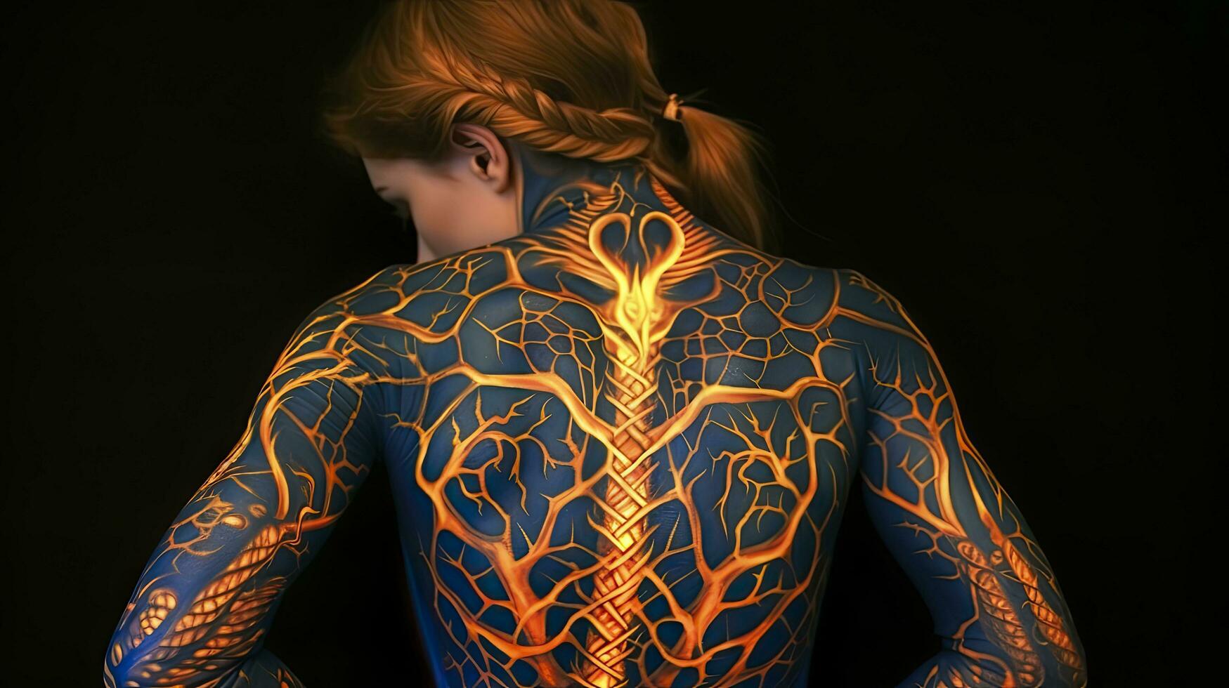 AI generated A Girl Captured in a Photo, Displaying Vibrant Colored Luminous Tattoos on Her Back photo
