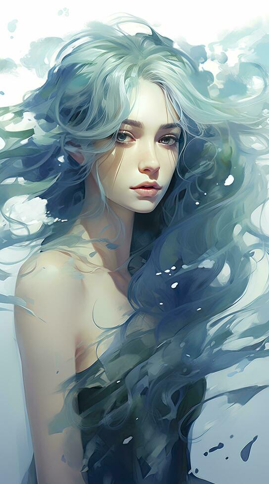 AI generated Dreamy Watercolor Girl with Blue Hair Standing in a Scene Inspired by Flowing Forms, Soft White and Green Hues, Embracing the Artistry of Anime. photo