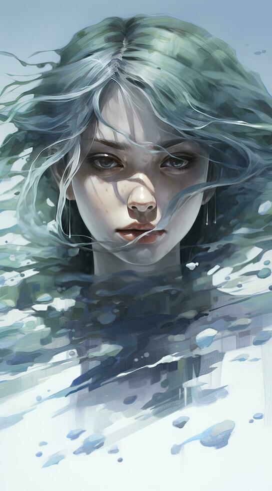 AI generated Dreamy Watercolor Girl with Blue Hair Standing in a Scene Inspired by Flowing Forms, Soft White and Green Hues, Embracing the Artistry of Anime. photo