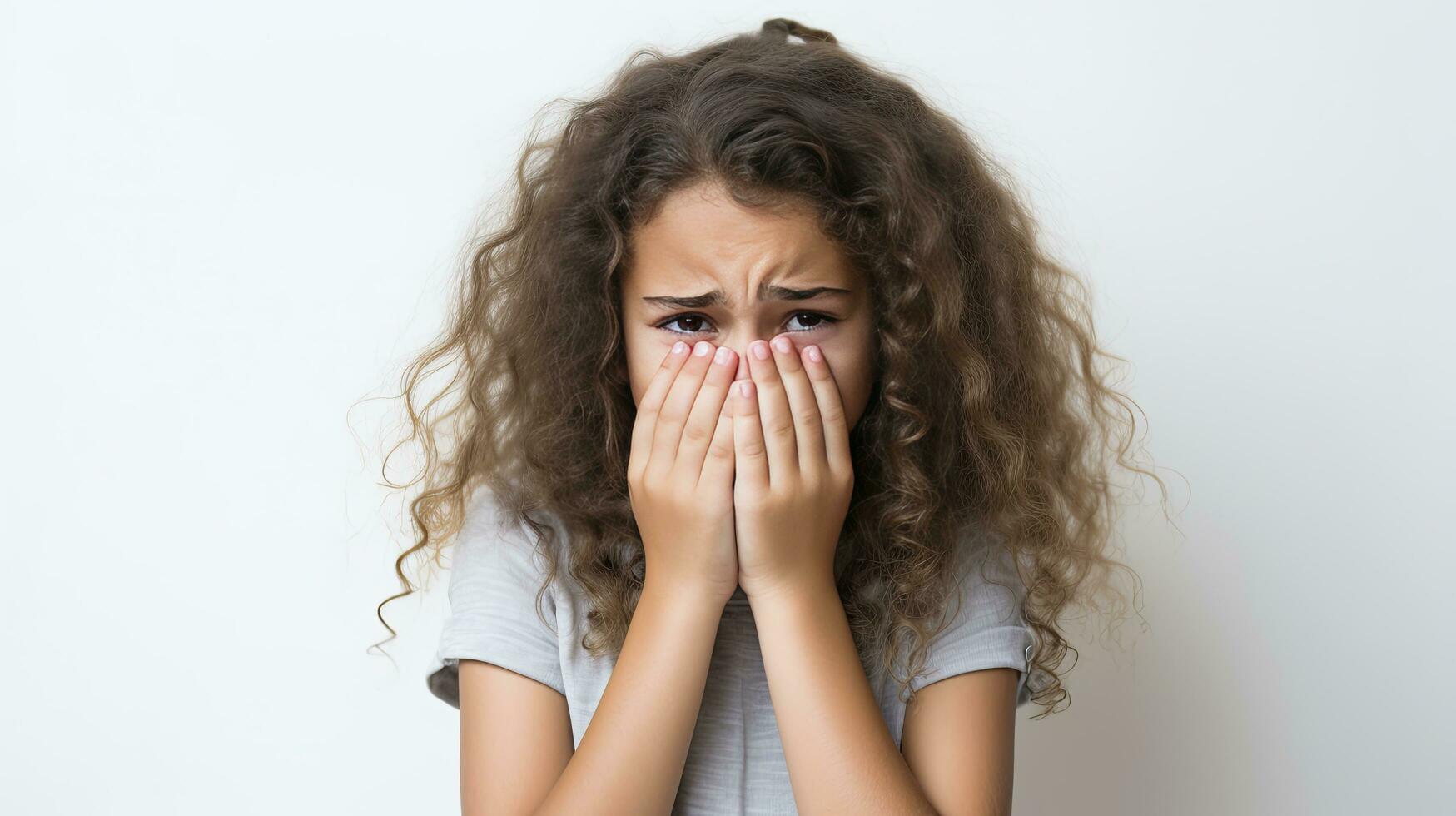 AI generated A little girl crying on white background photo