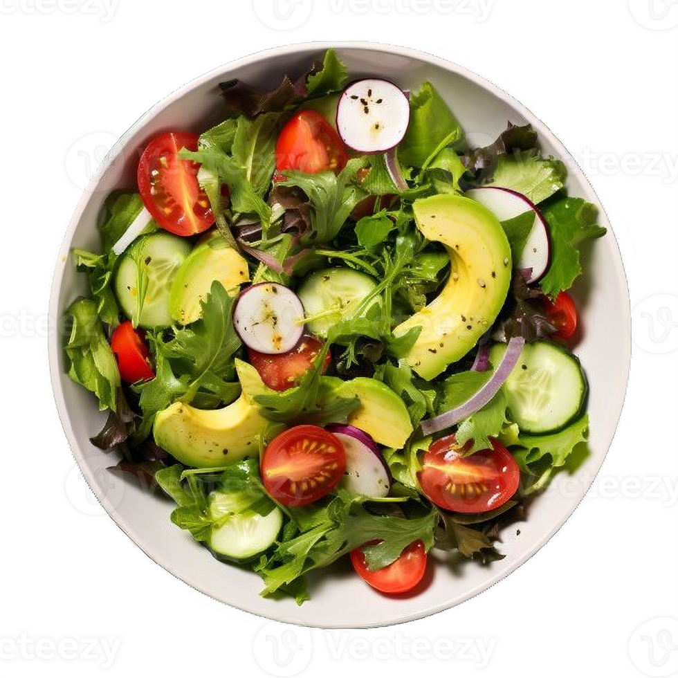 AI generated Fresh Avocado and Mixed Greens Salad Bowl Isolated on transparent background png