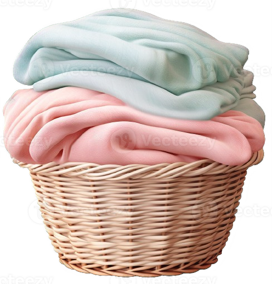 AI generated Wicker Laundry Basket with Colorful Towels Isolated on transparent background png