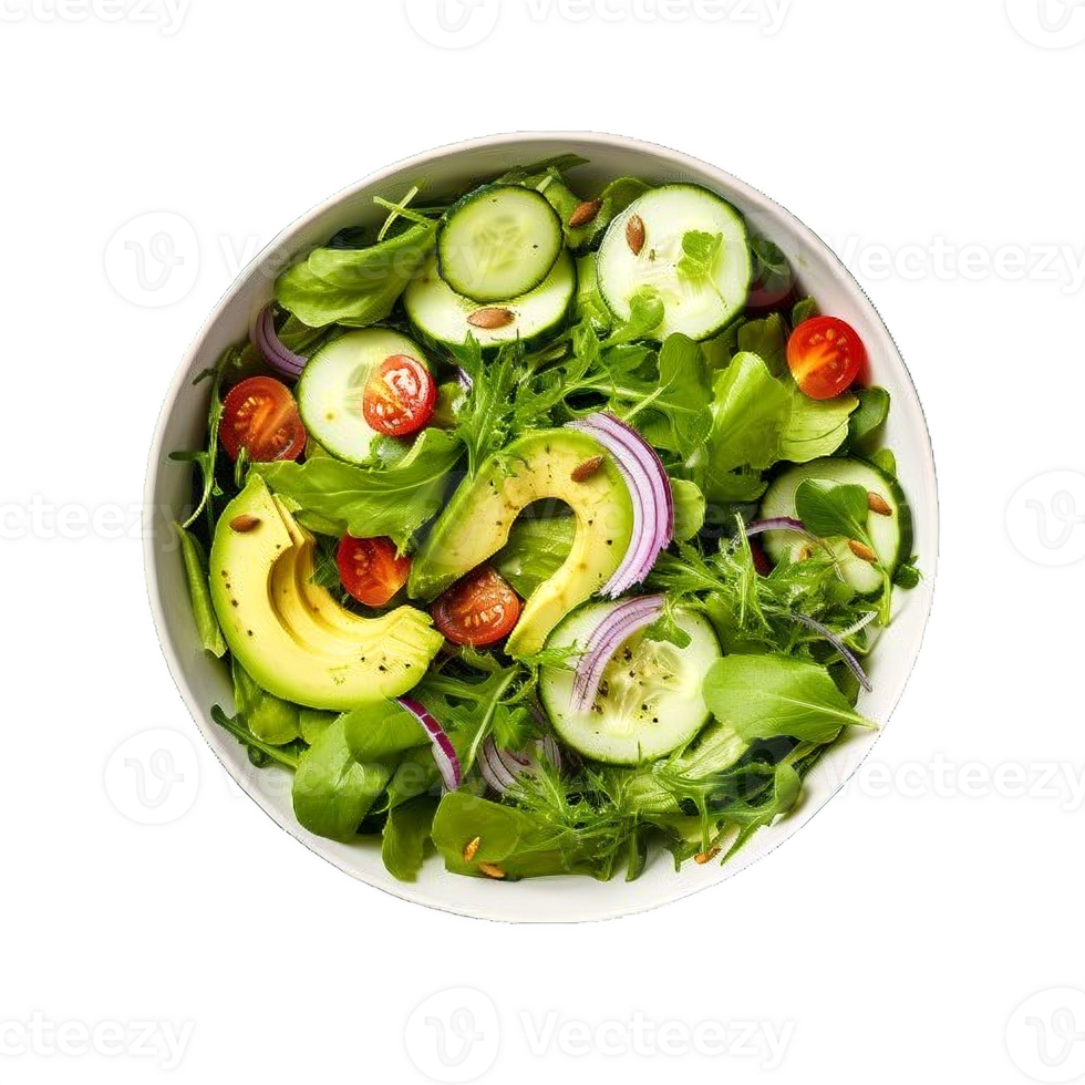 AI generated Fresh Avocado and Mixed Greens Salad Bowl Isolated on transparent background png