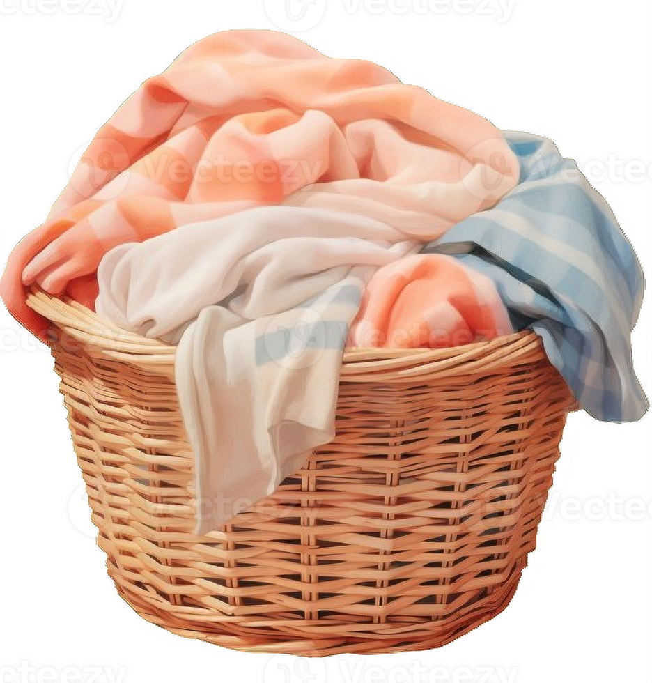 AI generated Wicker Laundry Basket with Colorful Towels Isolated on transparent background png