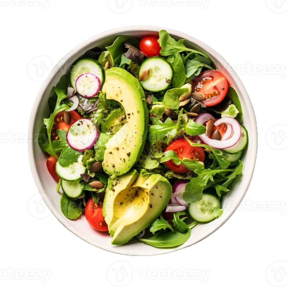 AI generated Fresh Avocado and Mixed Greens Salad Bowl Isolated on transparent background png