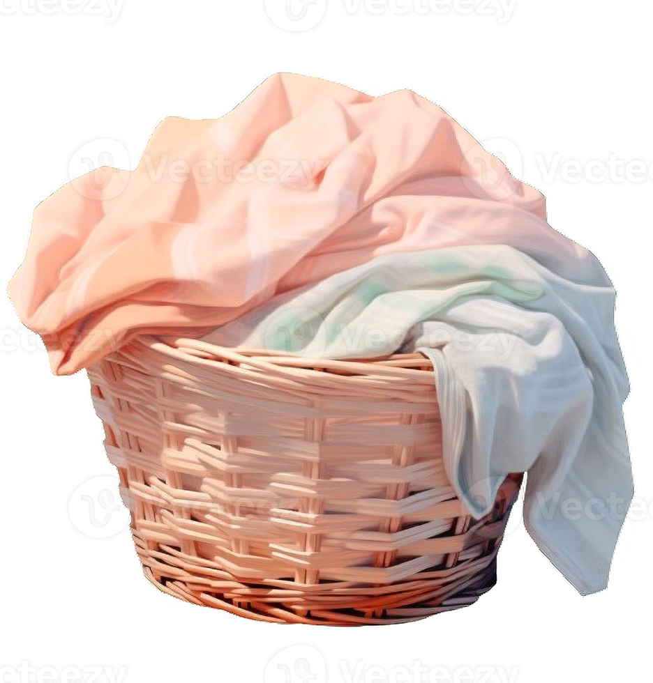AI generated Wicker Laundry Basket with Colorful Towels Isolated on transparent background png