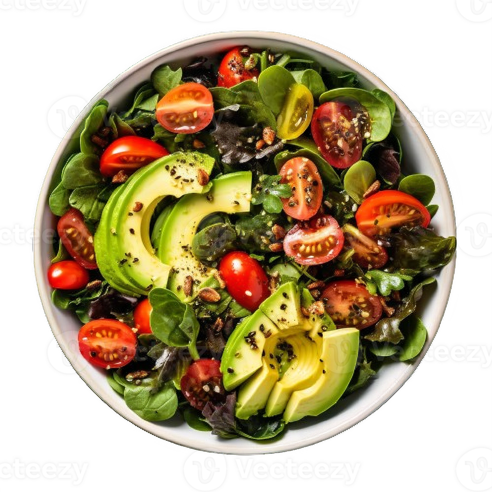 AI generated Fresh Avocado and Mixed Greens Salad Bowl Isolated on transparent background png
