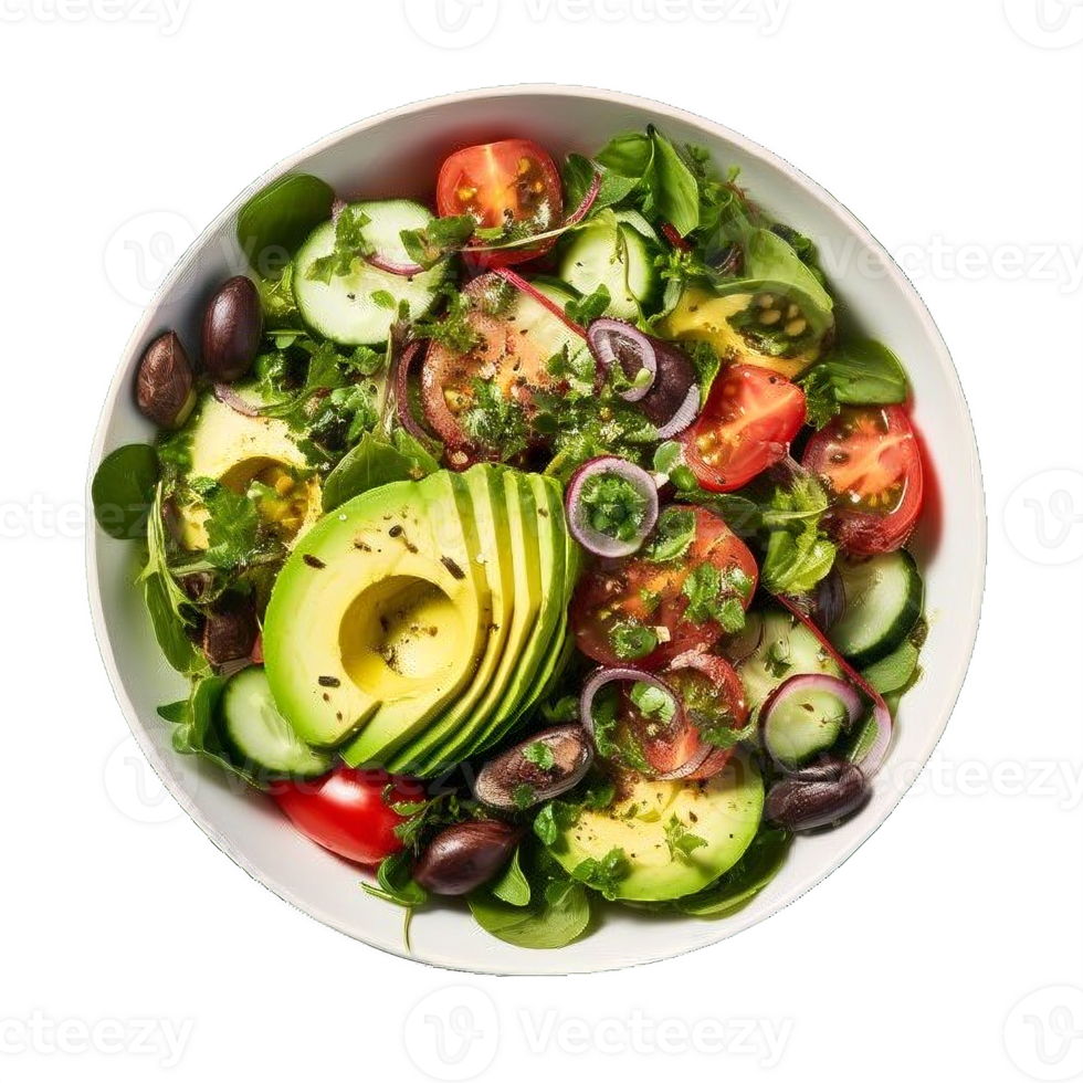 AI generated Fresh Avocado and Mixed Greens Salad Bowl Isolated on transparent background png