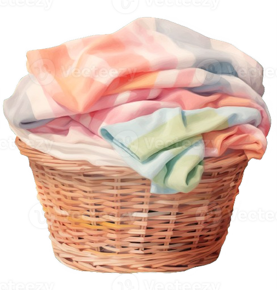 AI generated Wicker Laundry Basket with Colorful Towels Isolated on transparent background png