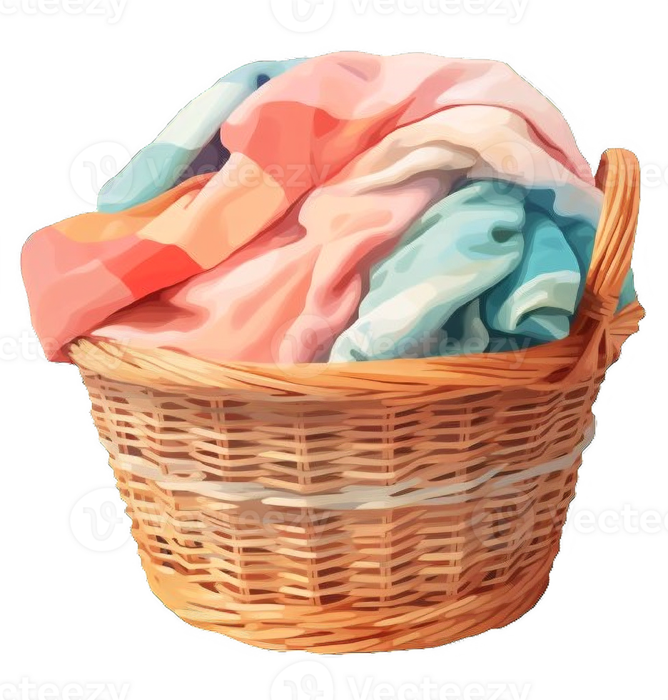 AI generated Wicker Laundry Basket with Colorful Towels Isolated on transparent background png