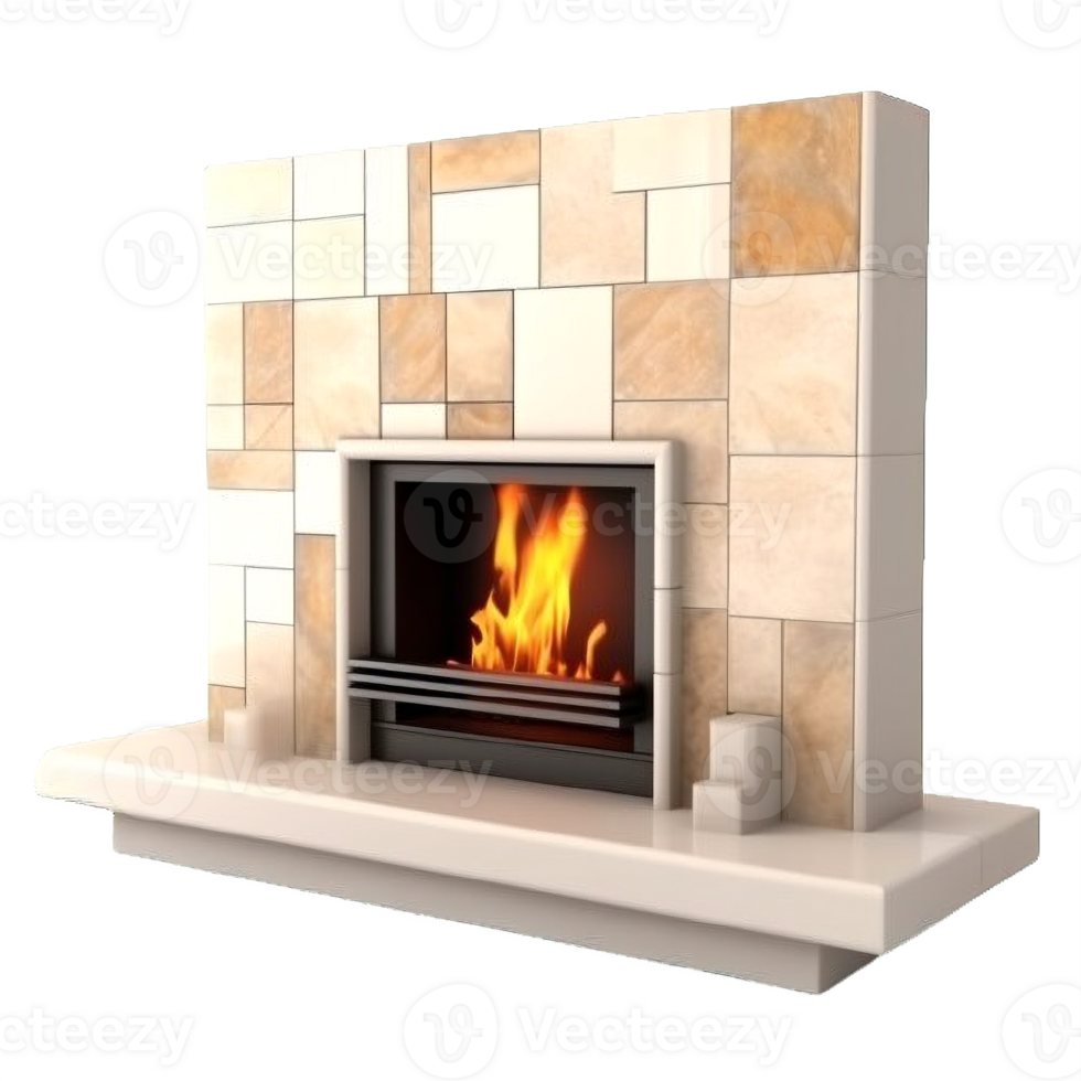 AI generated Modern Marble Fireplace with Roaring Fire Isolated on transparent background png