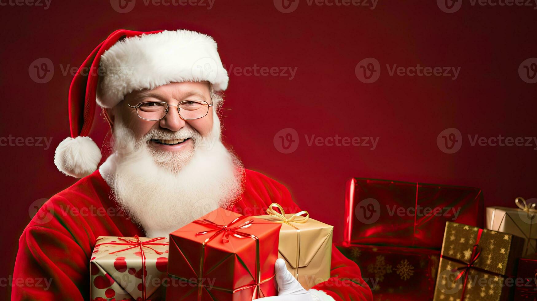 AI generated Smiling Santa Claus with Gift Boxes in Festive Christmas Clothing photo