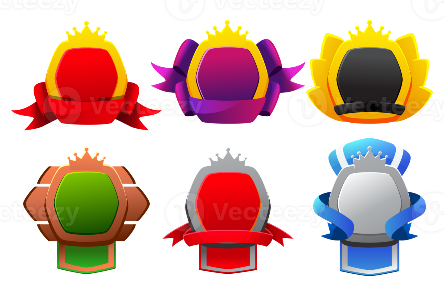 Set of Game level badges. Empty award badges with royal banners and UI icons png