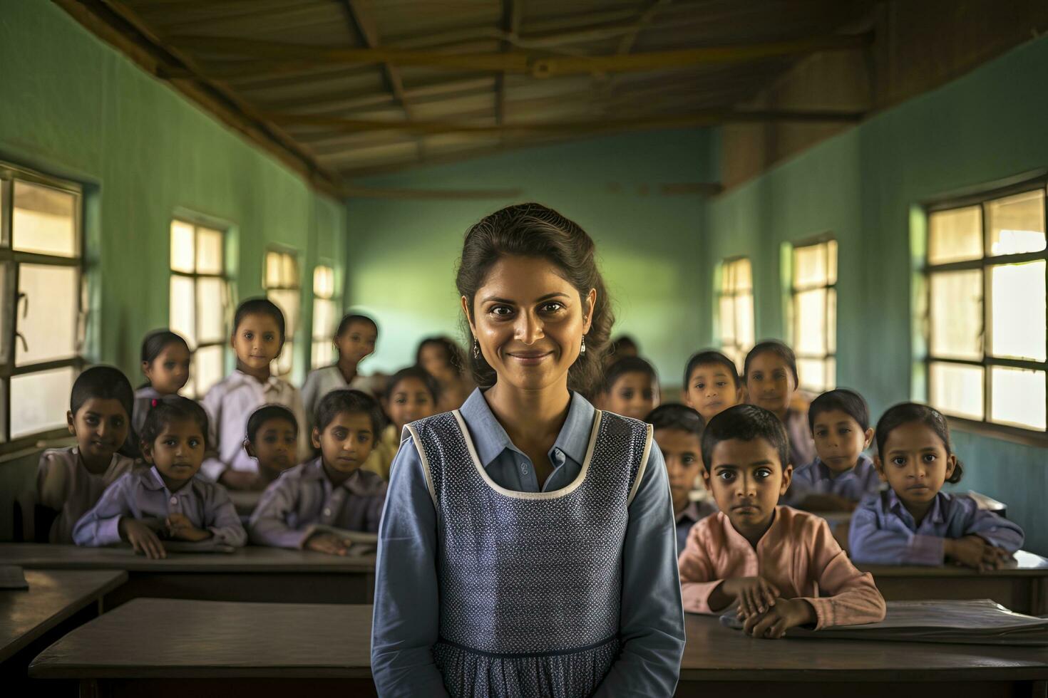 AI generated Happy teacher with pupils in classroom photo