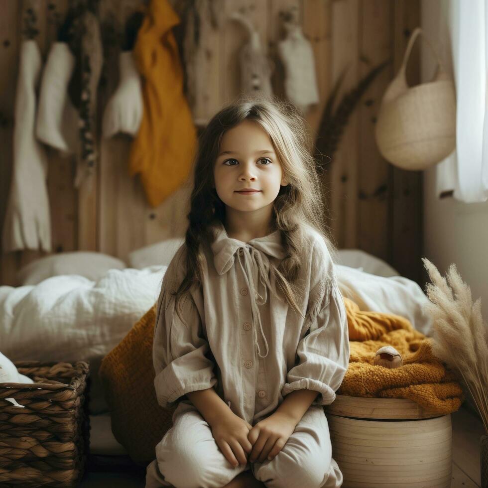 AI generated Little happy girl in cozy dress on bed in home photo