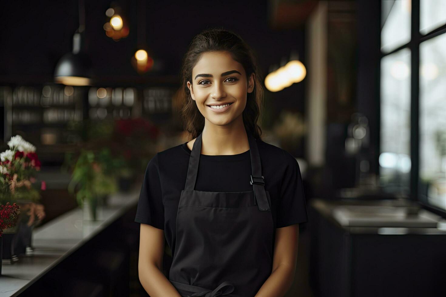 AI generated Female waitress in a black dress and apron standing in restaurant photo
