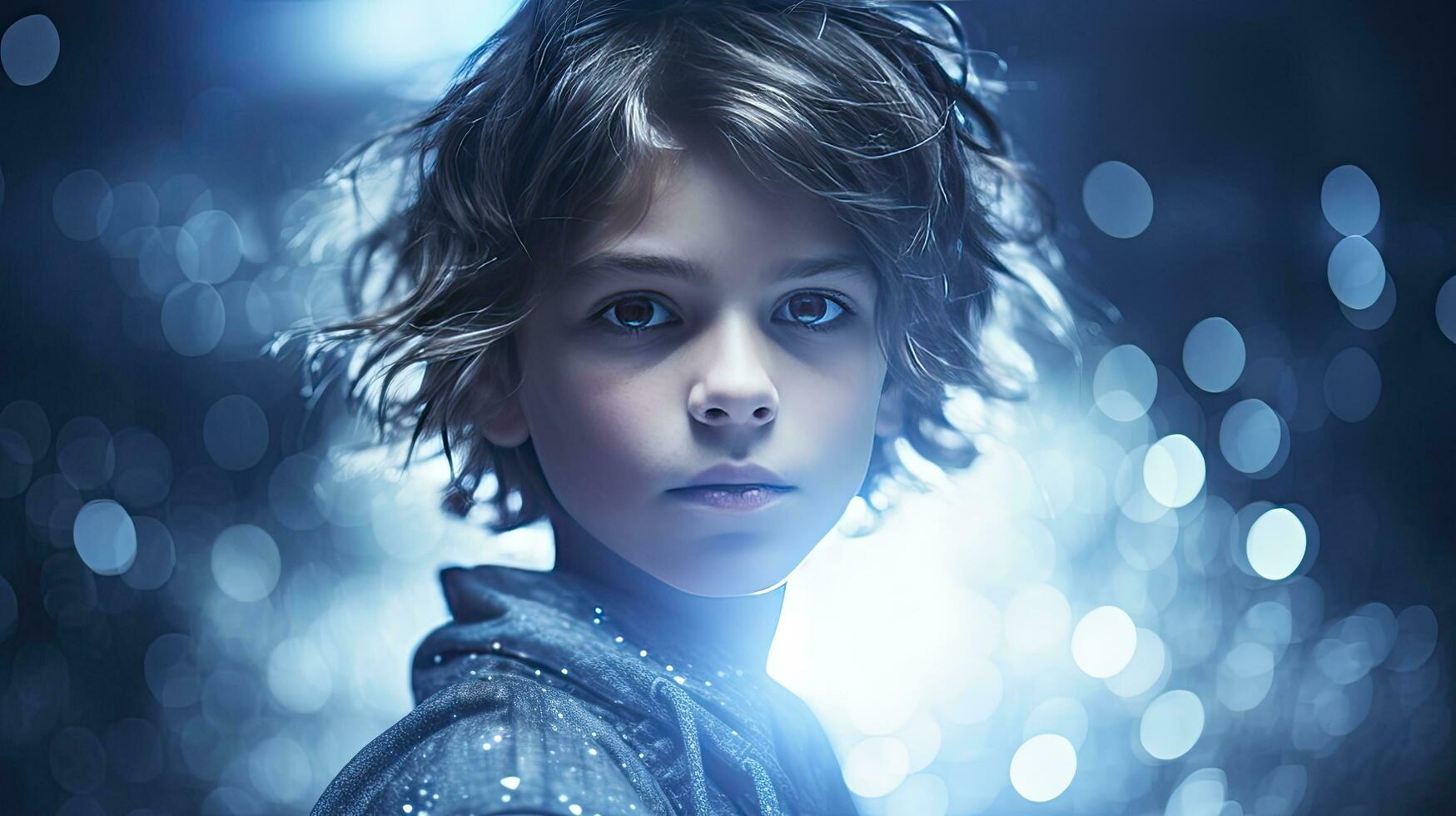 AI generated Little cute boy's portrait with blue lights isolated on blue bokeh background photo