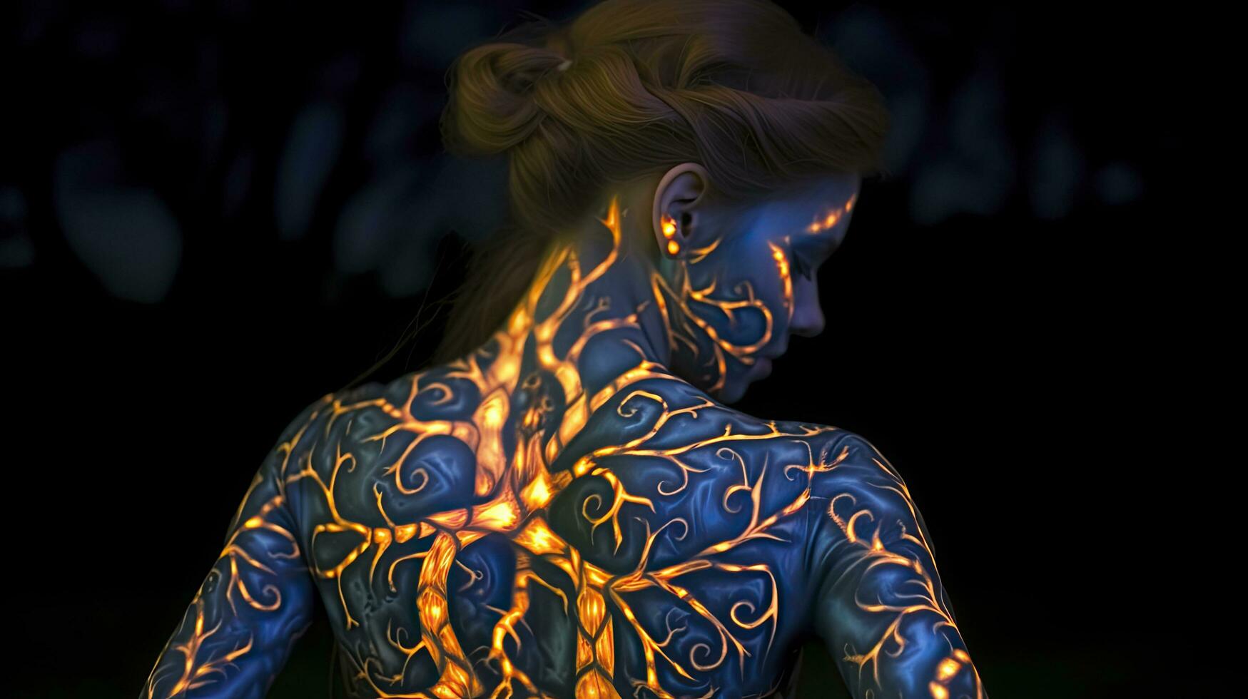 AI generated A Girl Captured in a Photo, Displaying Vibrant Colored Luminous Tattoos on Her Back photo