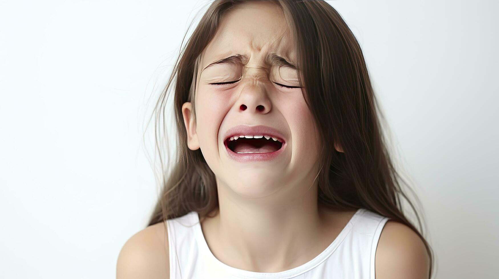 ai generado un pequeño niña llorando en blanco antecedentes foto