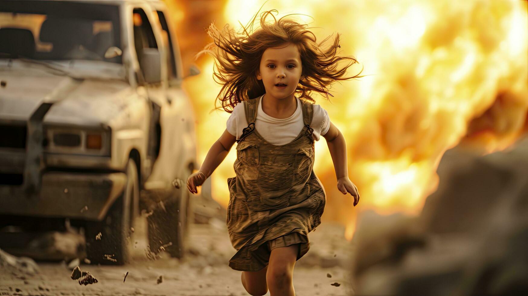 AI generated A little scared Muslim girl runs away from the explosion during the war photo