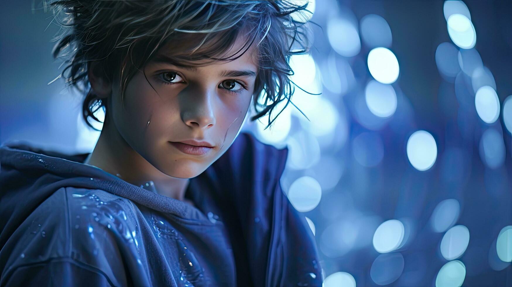 AI generated Little cute boy's portrait with blue lights isolated on blue bokeh background photo