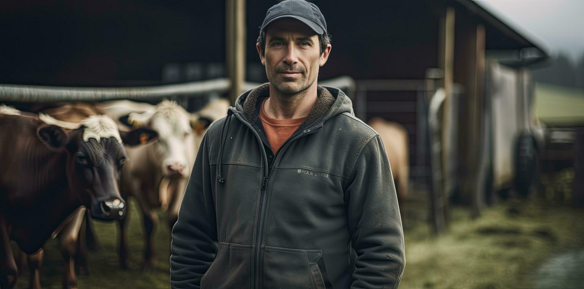 AI generated Farmer Standing in Front of a Herd of Cows. photo