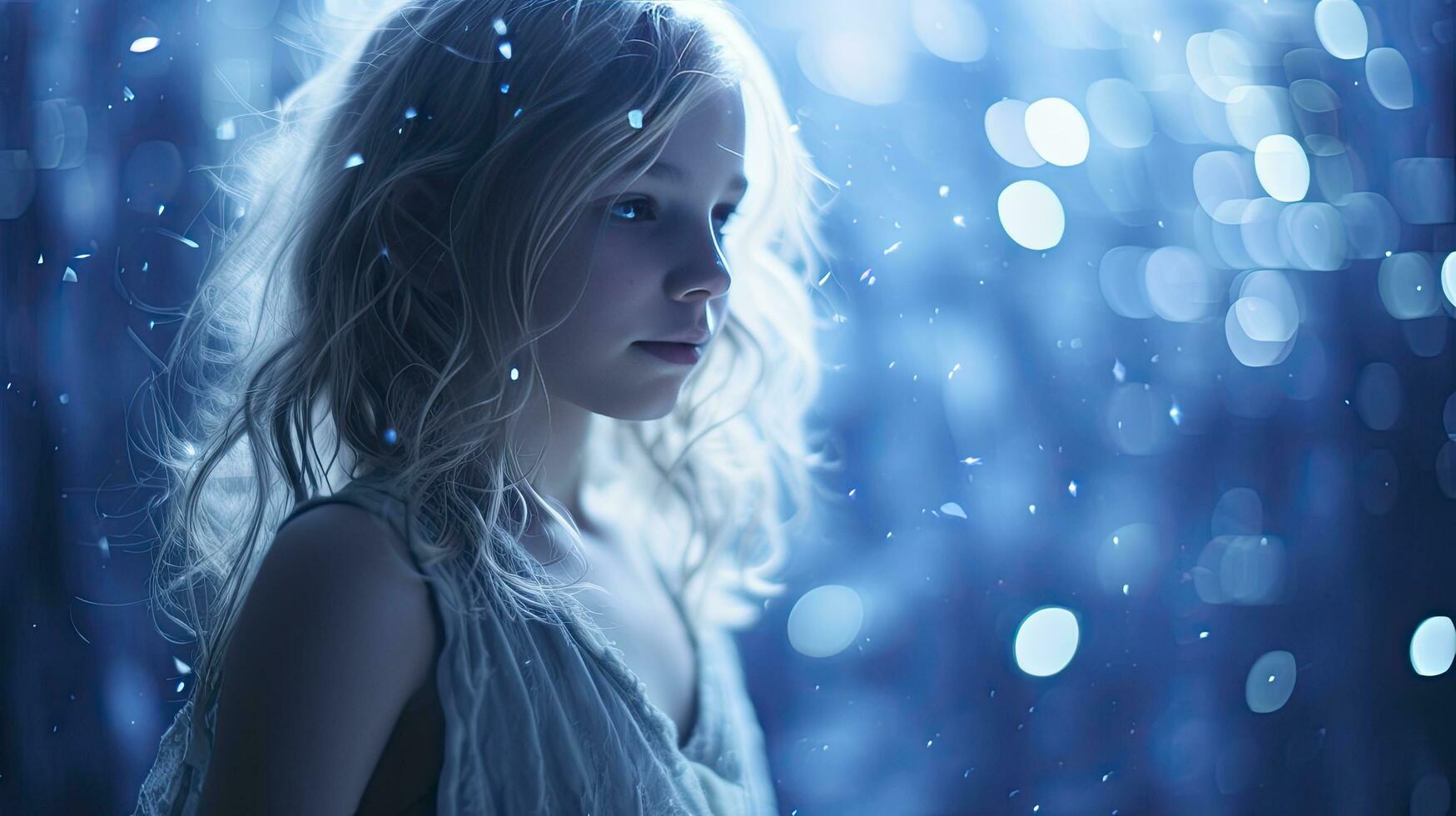 AI generated Closeup photo of a beautiful girl in blue with lights bokeh background