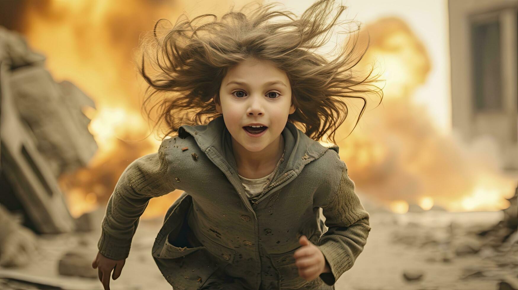 AI generated A little scared Muslim girl runs away from the explosion during the war photo