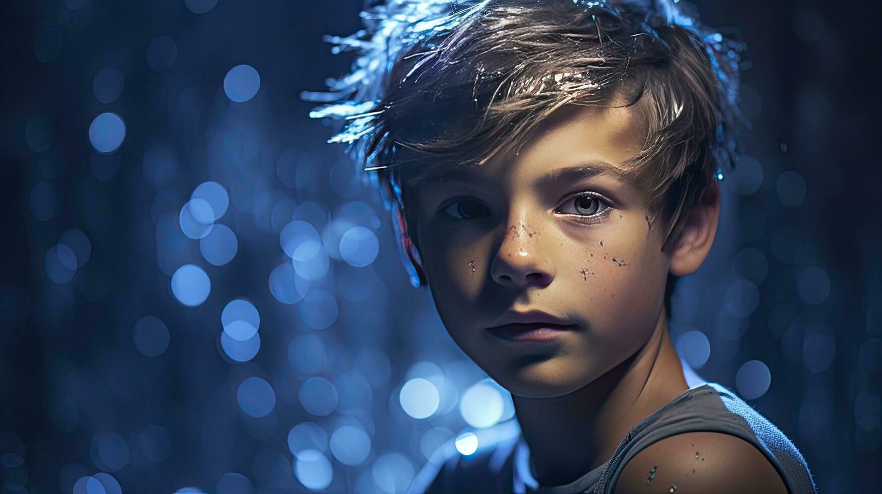 AI generated Little cute boy's portrait with blue lights isolated on blue background photo