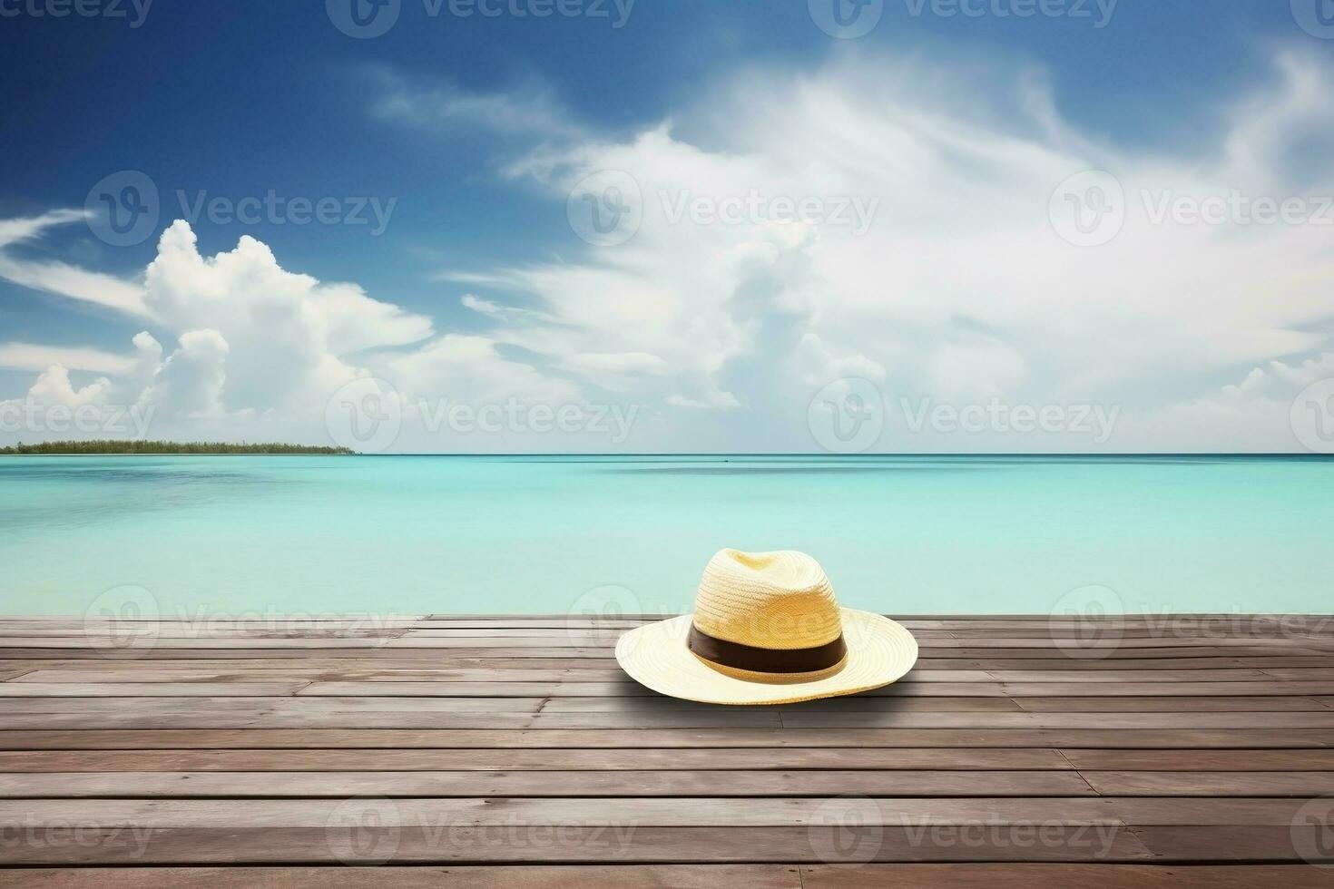 AI generated Desk of free space with straw hat with beach landscape. Ai generated photo