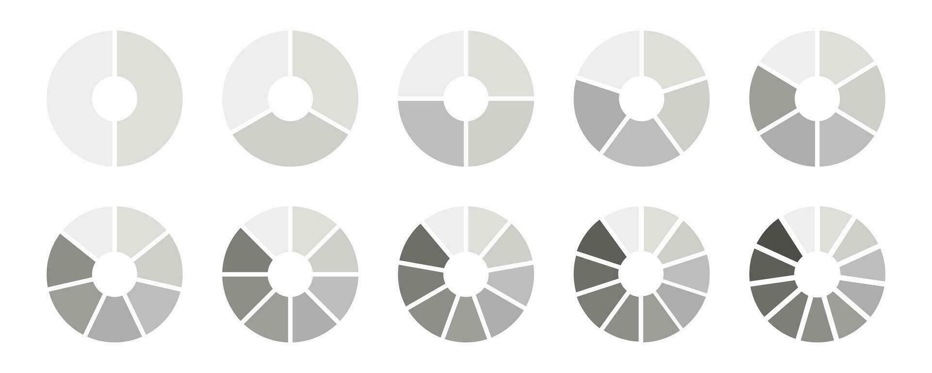 Circle division on equal parts. Wheel divided diagrams with two, three, four, five, six, seven, eight, nine, ten, eleven segments. Infographic monochrome set. Coaching simple blanks. Vector template.