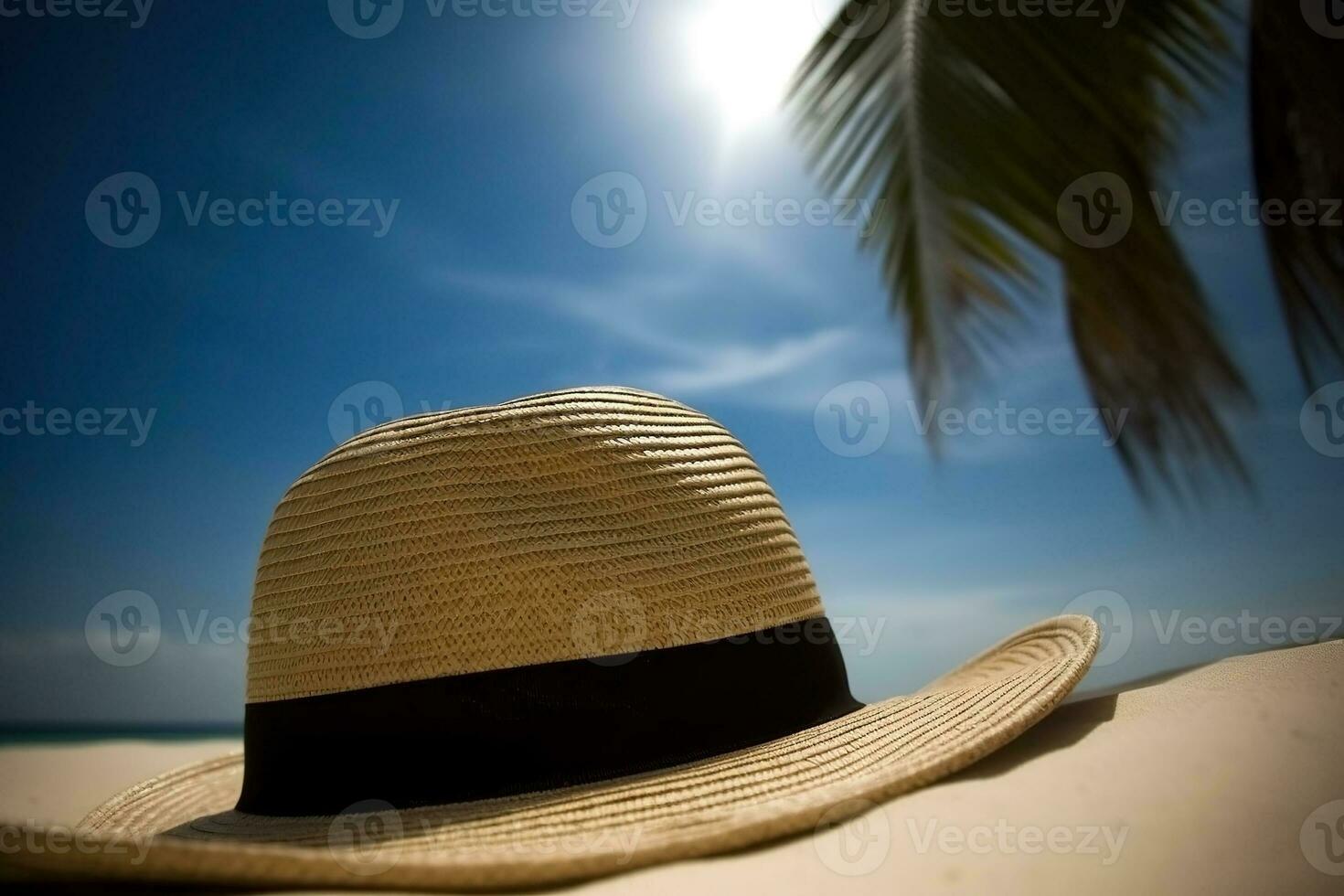 AI generated Straw hat on the beach close-up, summer background. Ai generated photo