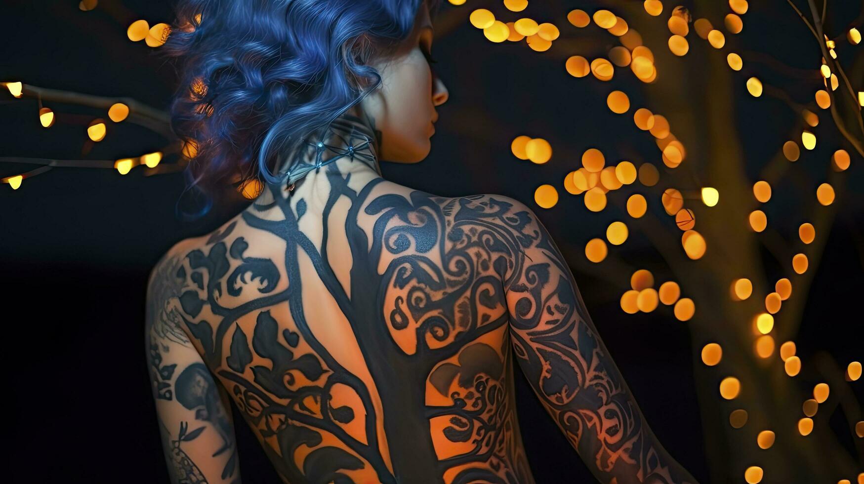 AI generated A Girl Captured in a Photo, Displaying Vibrant Colored Luminous Tattoos on Her Back photo