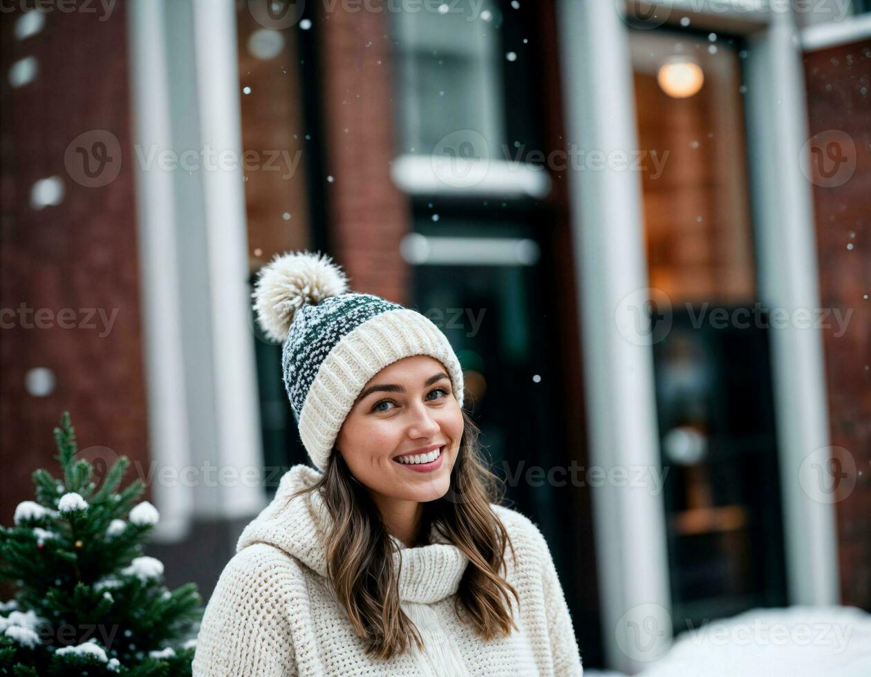 AI generated photo of beautiful woman with blonde hair and beanie hat with happy feeling during winter season, generative AI