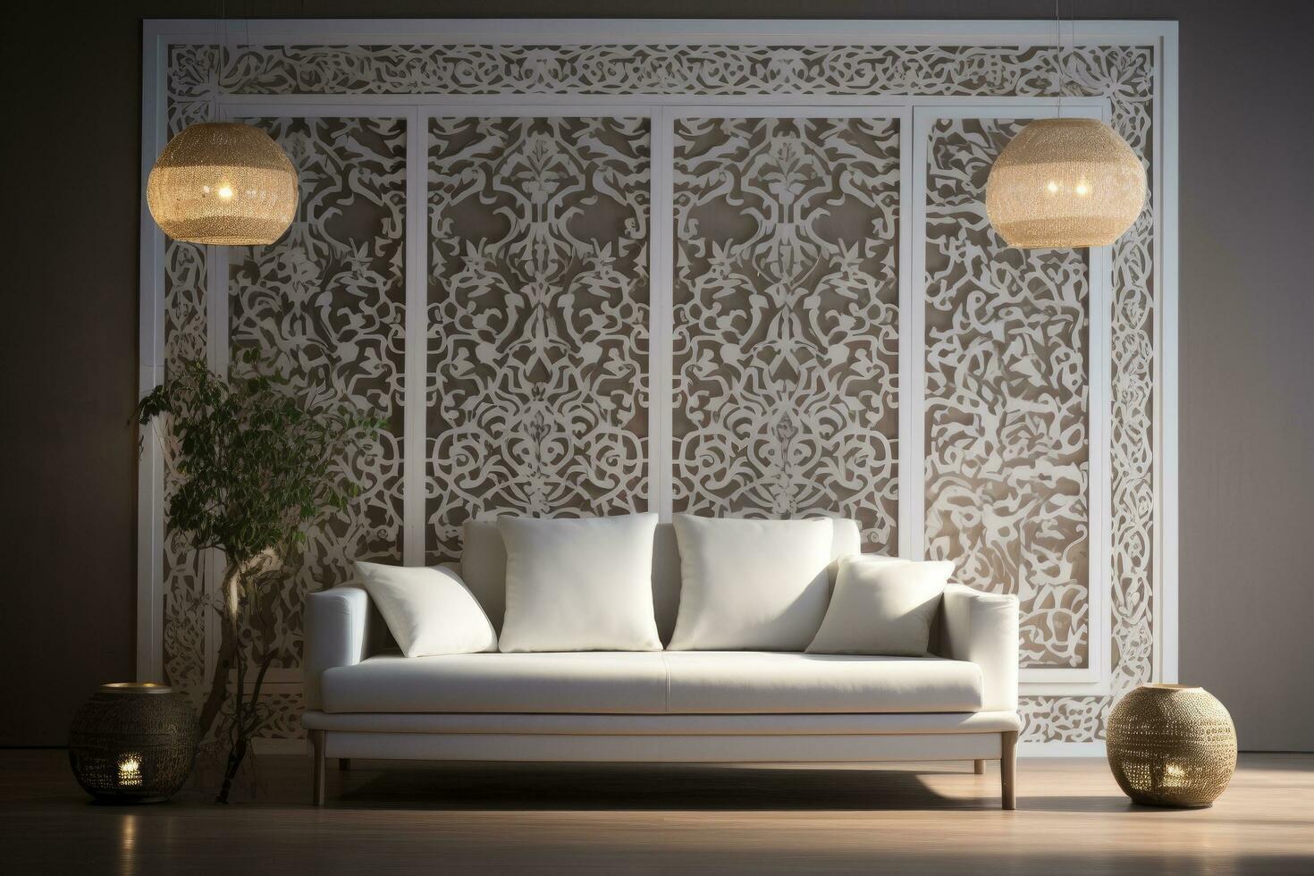 AI generated Cozy Sofa Interior Design Infused with the Rich Aesthetics of Arabic Style photo