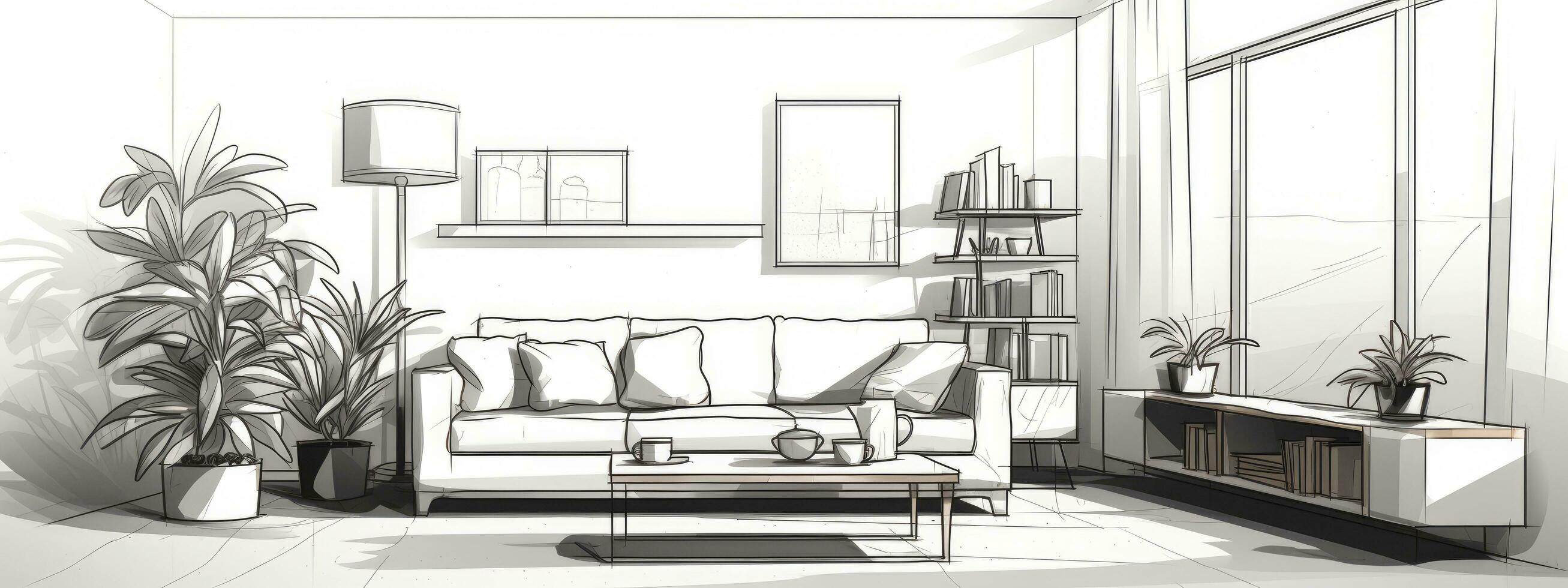 AI generated Stylish Interior Design Living Room Black Line Sketch with Shadows on White Texture Paper Background photo