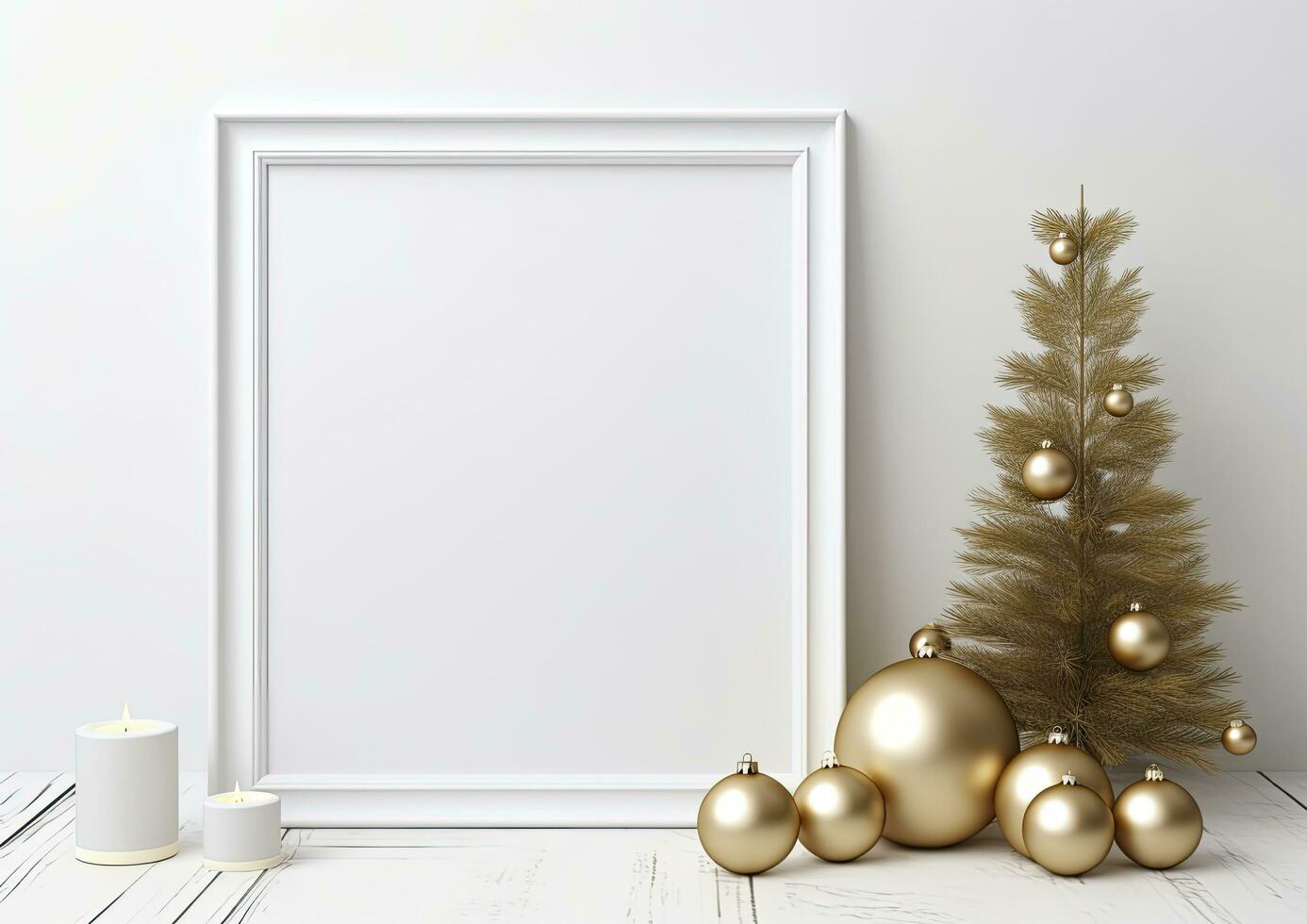 AI generated Christmas composition black frame and christmas tree golden balls on wood background photo