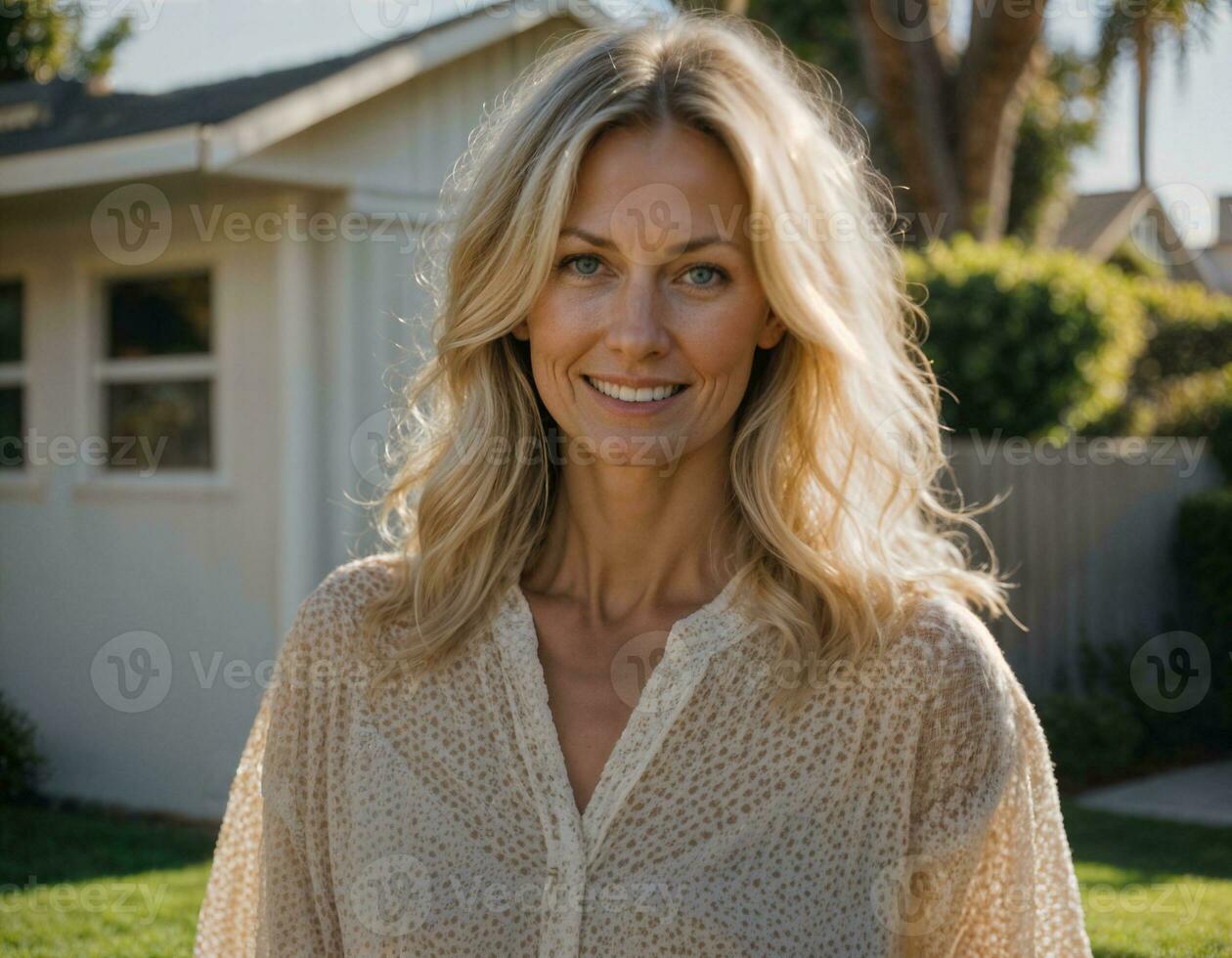 AI generated photo of beautiful woman with blonde hair as a housewife standing in front of her house, generative AI